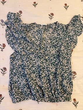 Sienna Sky Teal Floral Wrap Blouse with Ruffle Sleeves